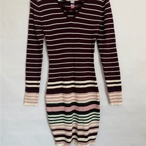 No Boundaries Ribbed Bodycon Sweater Dress L 11-13 Burgundy Stripe Y2K NWT
